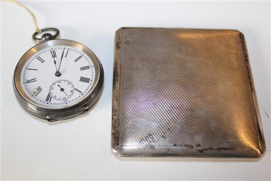 Silver cigarette case and a Swiss silver pocket watch